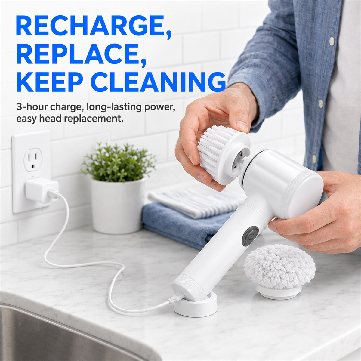 Recharge replace and keep cleaning with electric spin scrubber.