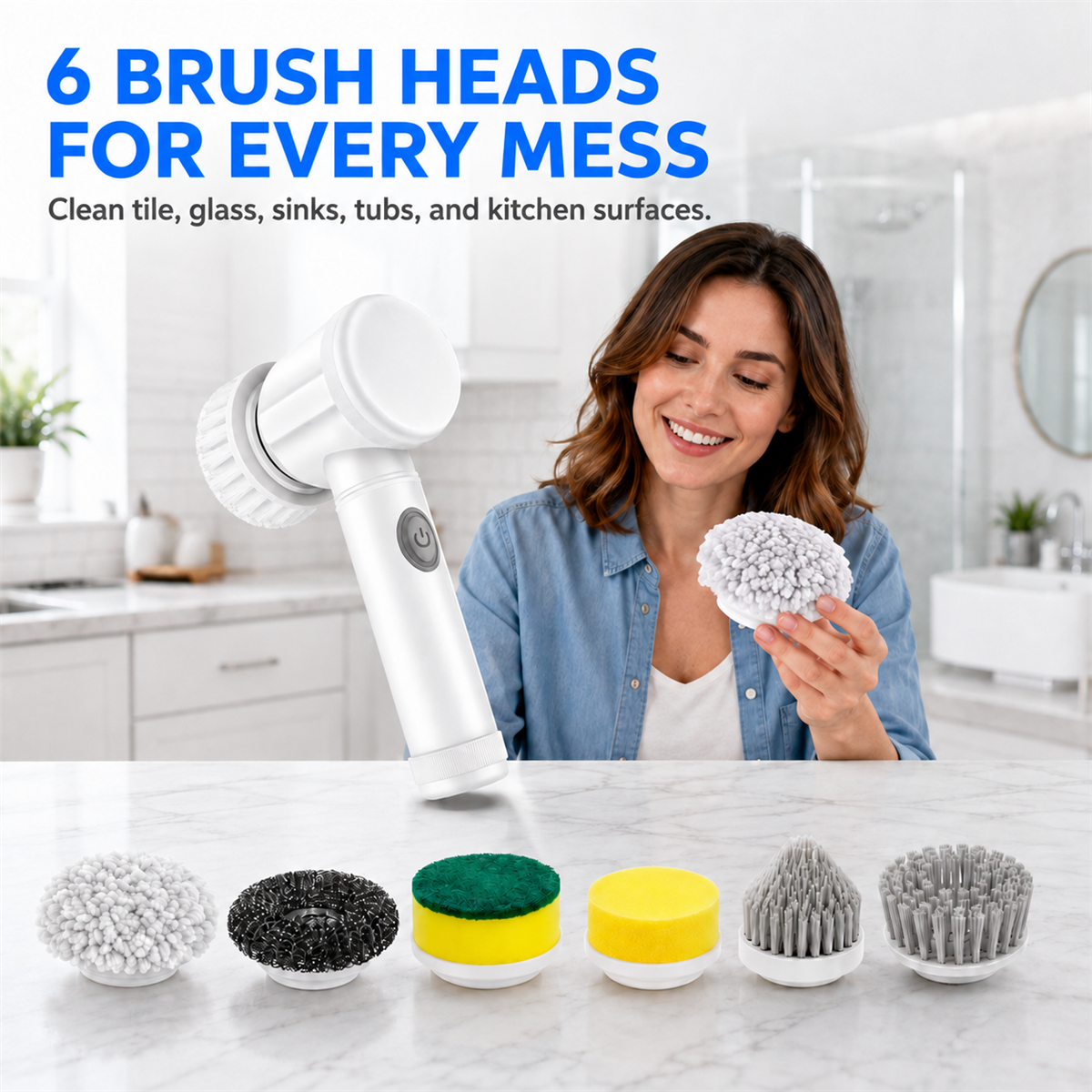Six brush heads for tile, glass, sinks, tubs and kitchen surfaces.