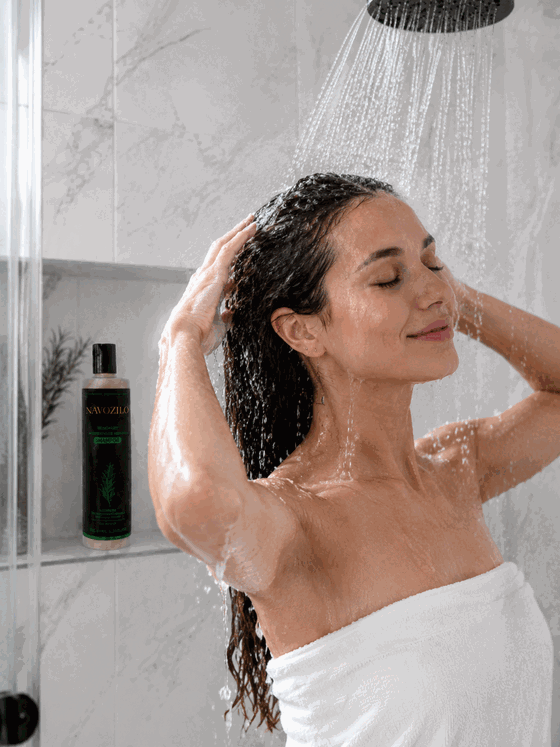 Rinsing shampoo foam clean in the shower