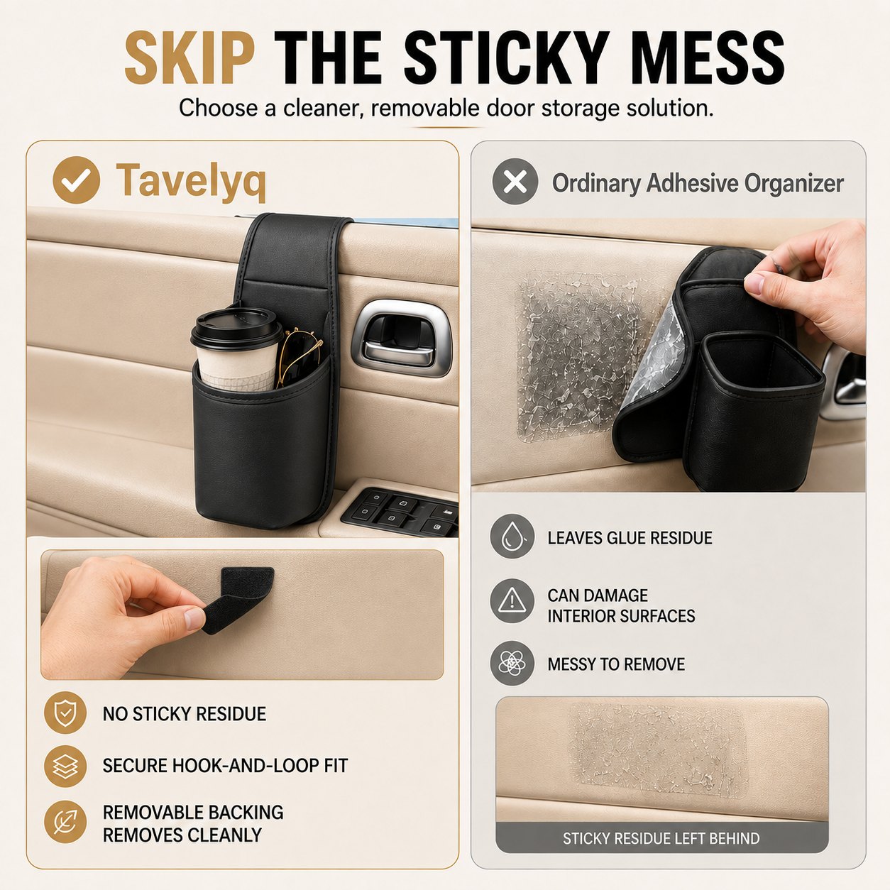 Tavelyq removable backing comparison showing no sticky residue