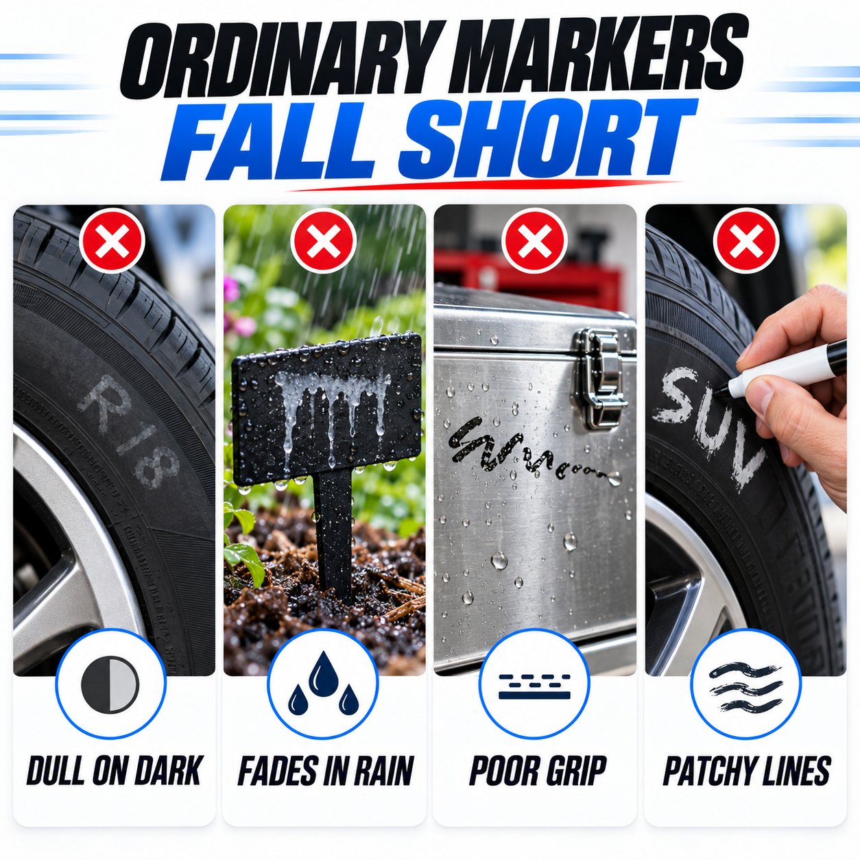 Ordinary markers fall short on dark tires rain wet surfaces and patchy lines