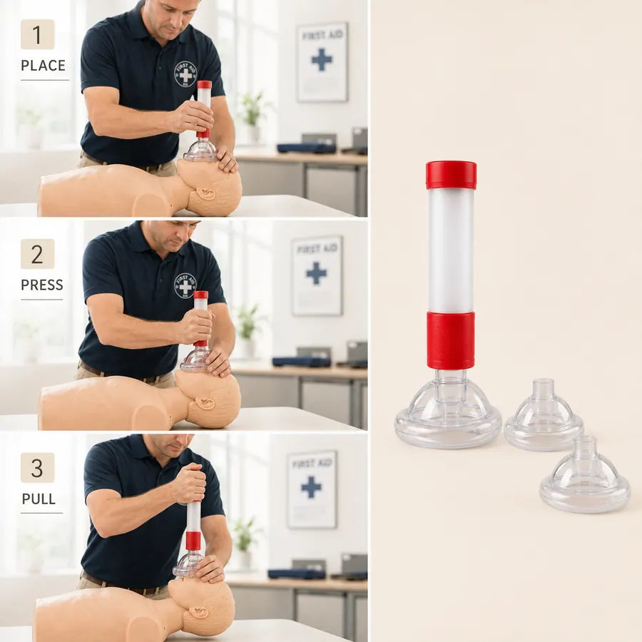 Three-step training demo on a mannequin using the choking relief kit