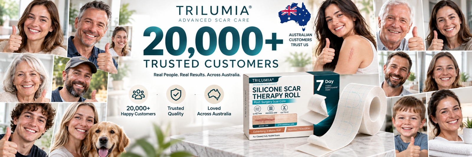 TRILUMIA silicone scar therapy roll with customer trust imagery
