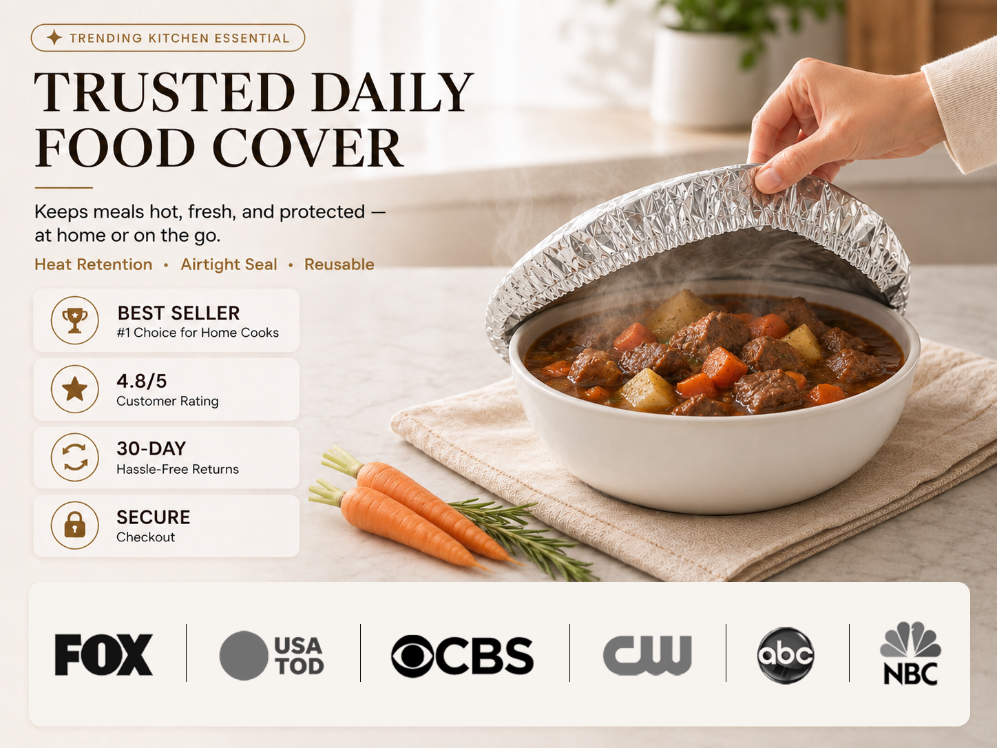 Trusted daily food cover promotional image with heat retention airtight seal reusable secure checkout badges