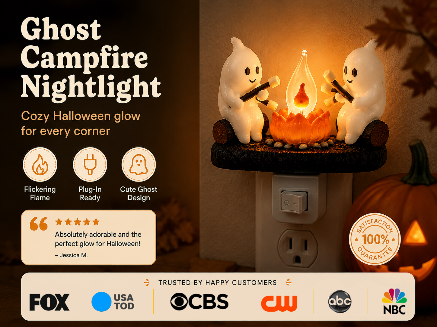 Ghost Campfire Nightlight trust graphic with product benefits and customer proof