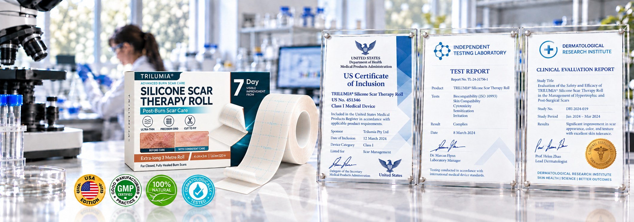 TRILUMIA® product presentation with US testing and clinical report displays