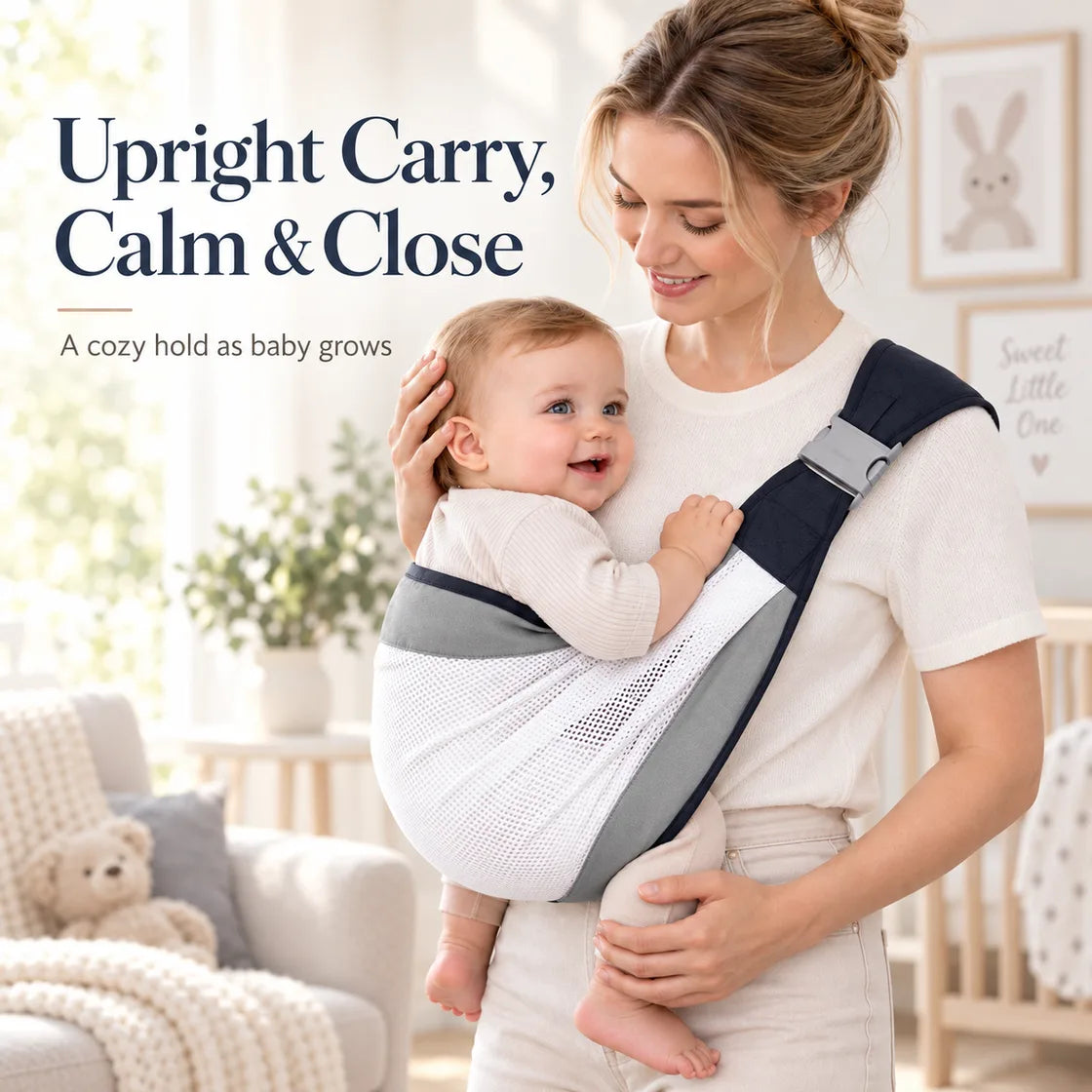 Mother using a gray mesh baby sling carrier with upright calm and close baby carry