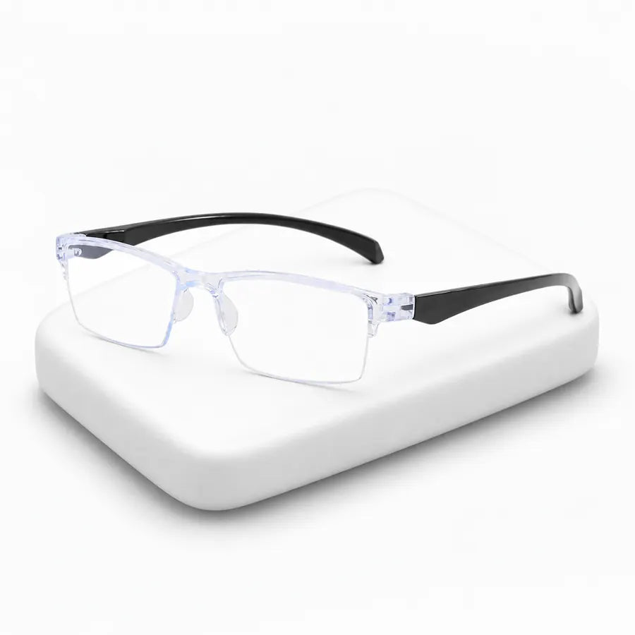 Crystal clear frame reading glasses with black temples on white display block
