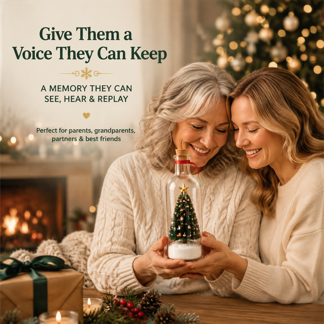 Mother and daughter holding a recordable Christmas message bottle