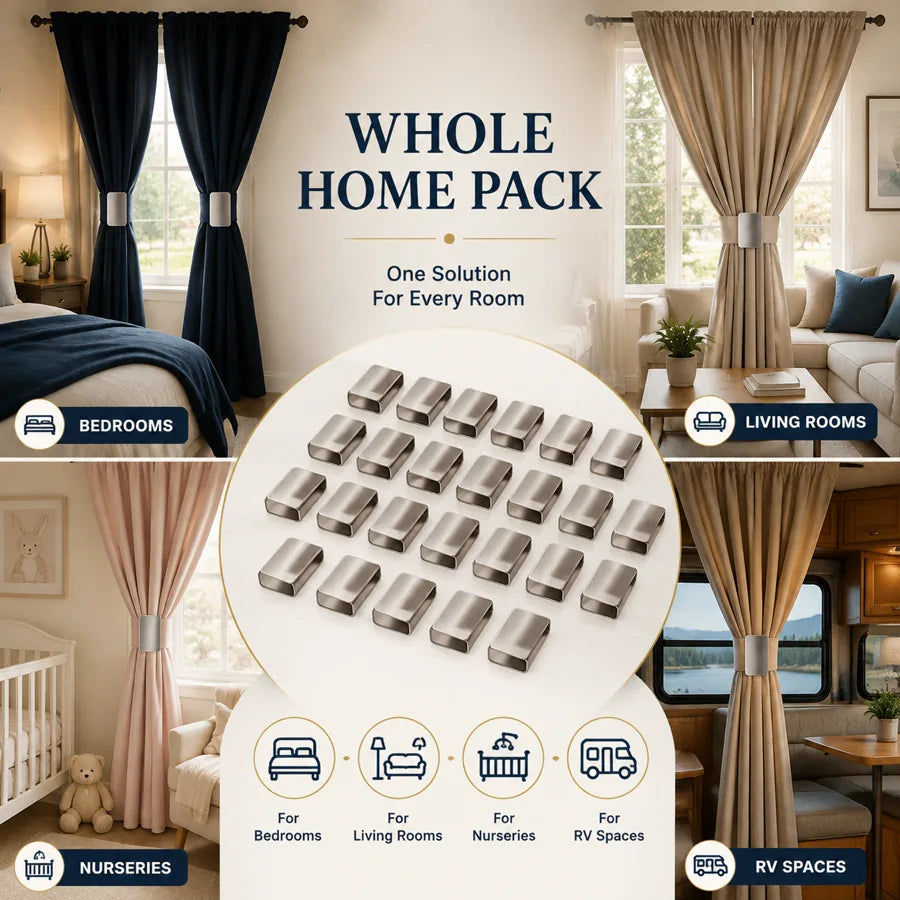 Whole home pack of magnetic curtain closure clips for bedrooms living rooms nurseries and RV spaces