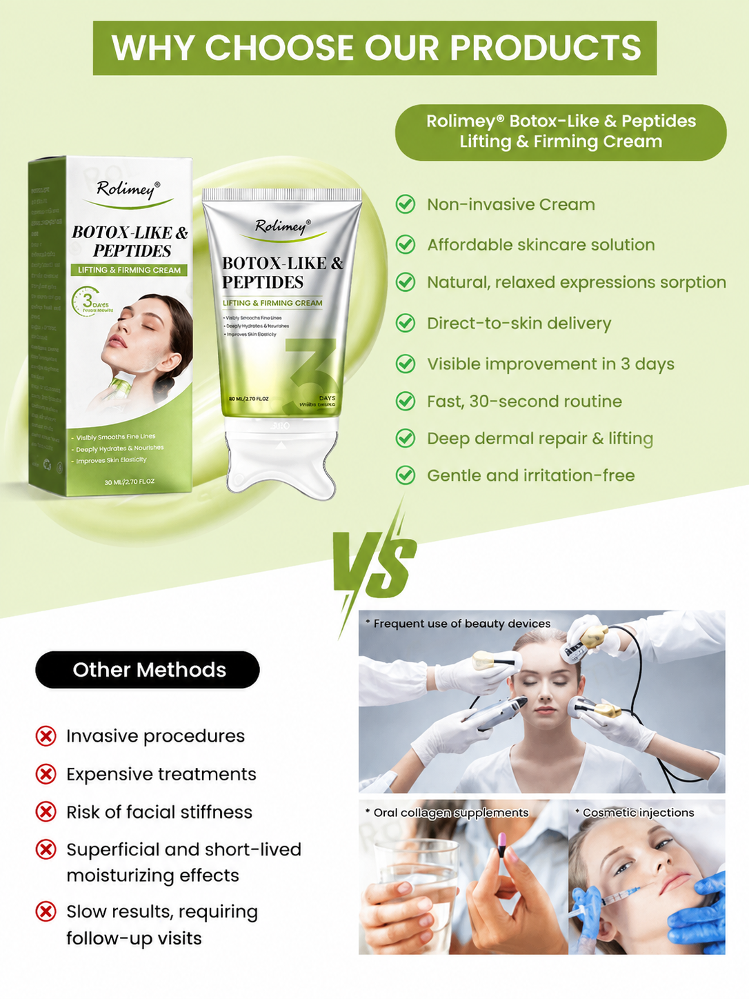 Why choose Rolimey Botox-like peptides lifting and firming cream comparison graphic