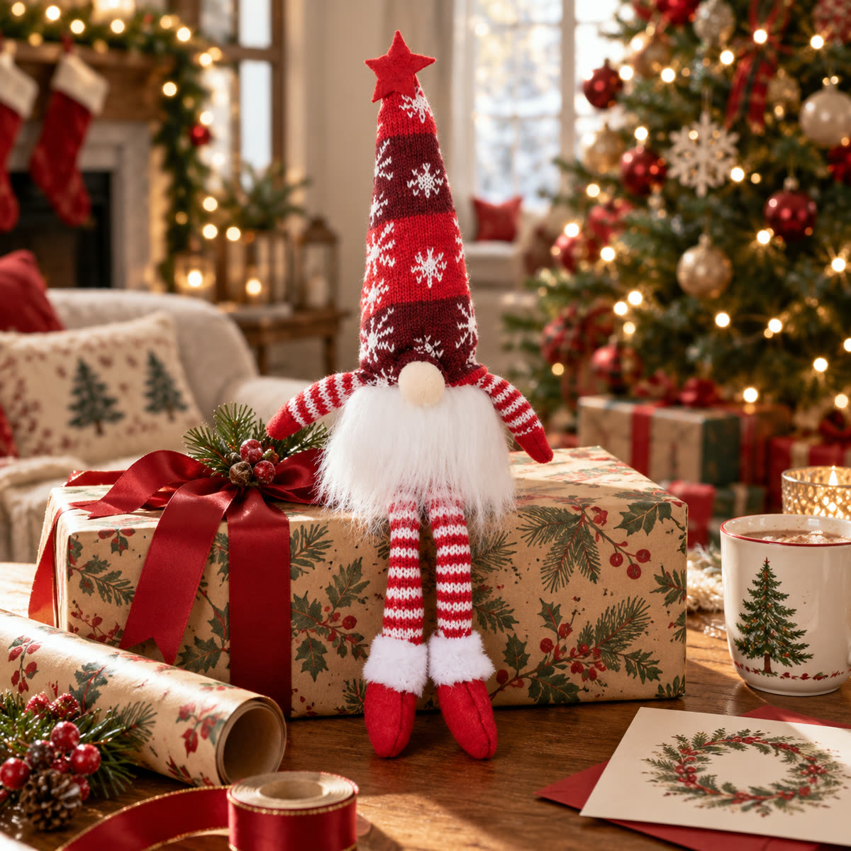 Red Christmas long leg festive doll displayed on a wrapped gift with holiday wrapping supplies