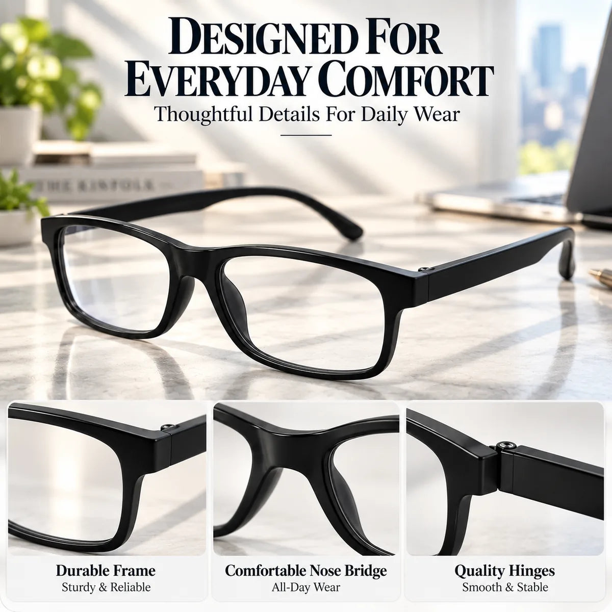 Black frame glasses designed for everyday comfort