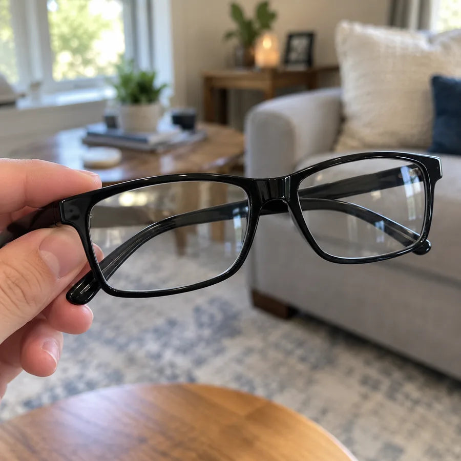 Black glasses held up in a living room